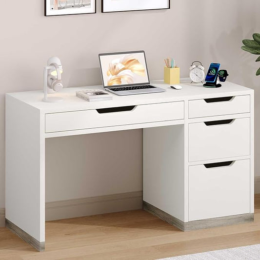 52 Inch White Desk with Drawers, Modern Home Office Desk with Storage for Bedroom, Study Desk with Storage File Drawer for Small Space