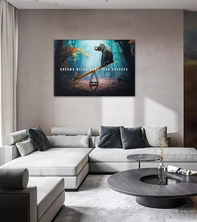 Wall Art Dreams Weigh More Than Excuses Painting on Canvas Inspirational Picture Motivational Quotes Poster Elephant and Butterfly Prints for Home Decor Living Room, Framed 28" Hx44 W