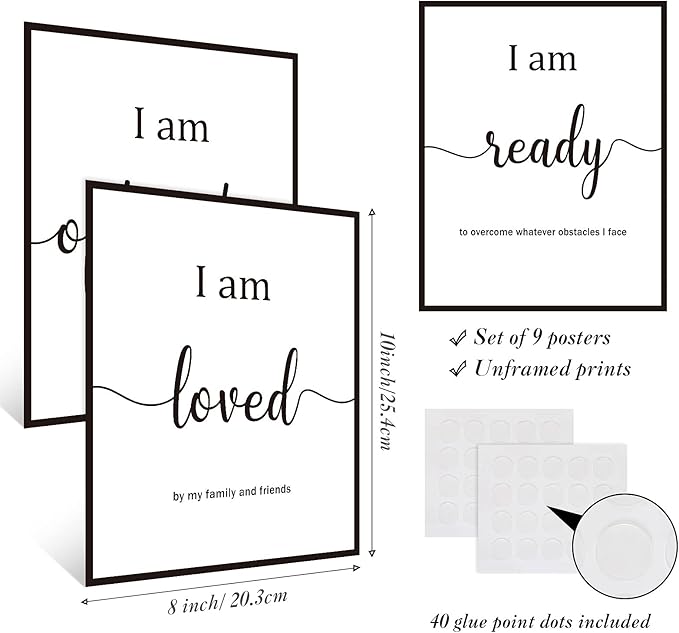 Outus 9 Pieces Inspirational Motivational Wall Art Office Bedroom Wall Art,Daily Positive Affirmations for Men Women Kids Inspirational Positive Quotes Sayings Decor(White)