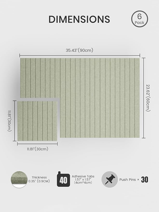 Bumusty Large Cork Board Alternative-36 x 24" Felt Bulletin Board Tiles, with 30 Pushpins, 40 Adhesive Tabs, 6-Pack Slat Wall Paneling, Cork Boards for Office Push Pin Board Felt Board-Sage