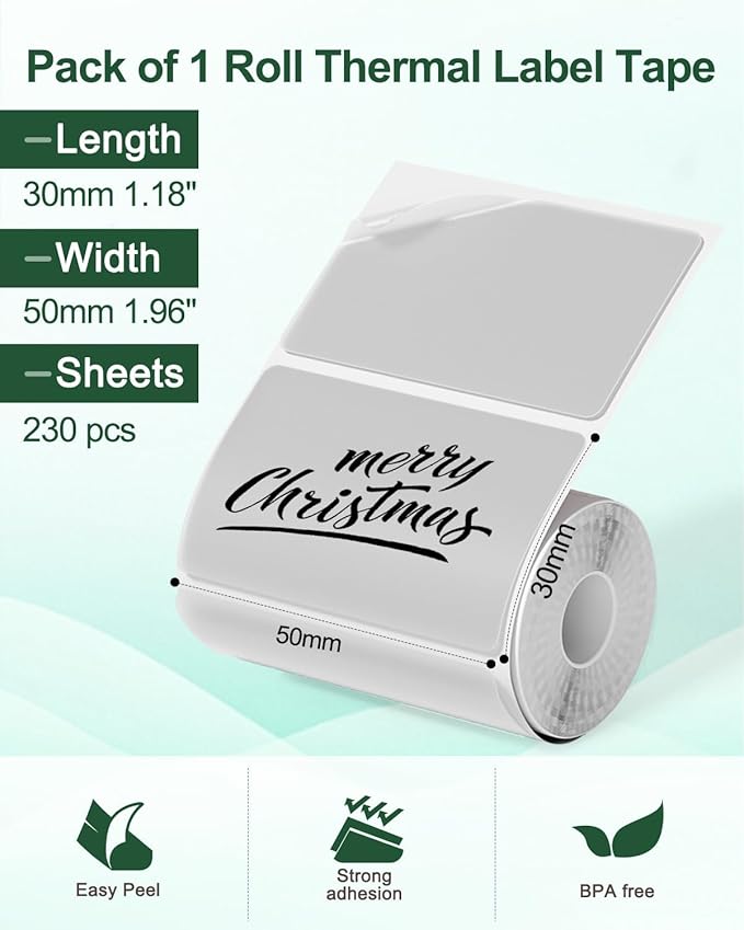 Phomemo M220 Label Maker Green & 1 Roll Transparent Thermal Label 1.96"x1.18"(50x30mm), Upgrade 3 Inch Barcode Portable Printer, for Office & Small Business, Compatible with Phones&PC