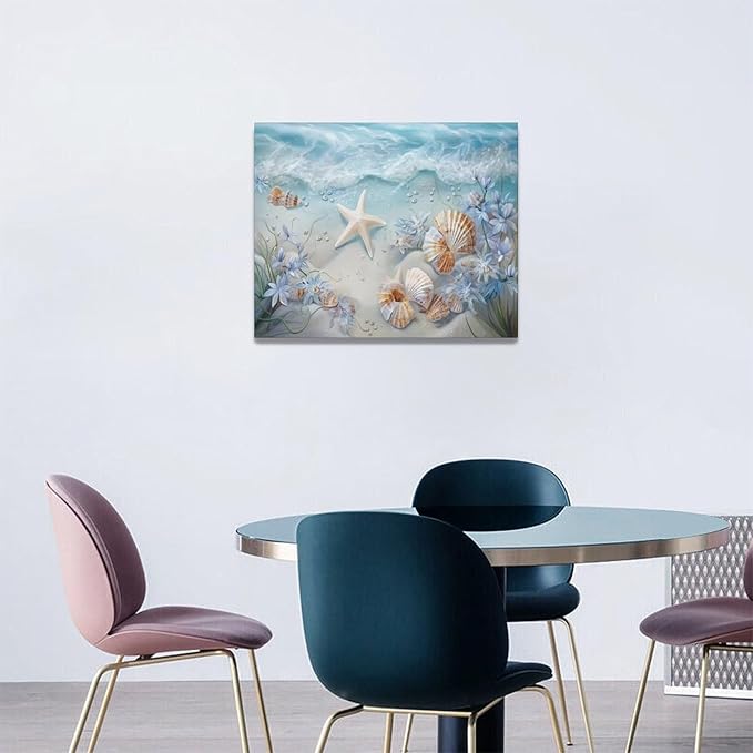 Beach Seashell Bathroom Wall Art Coastal Floral Pictures Wall Decor Flower Starfish Canvas Painting Modern Decoration Artwork for Bathroom Living Room Bedroom Office Framed 20"x16"