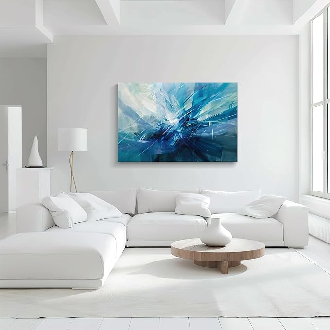 gaosoul Modern Abstract Canvas Wall Art Blue Harness Graffiti Painting on White Background Stylish Framed Minimalism Artwork Prints for Living Room Bedroom Office Decor 48x32in