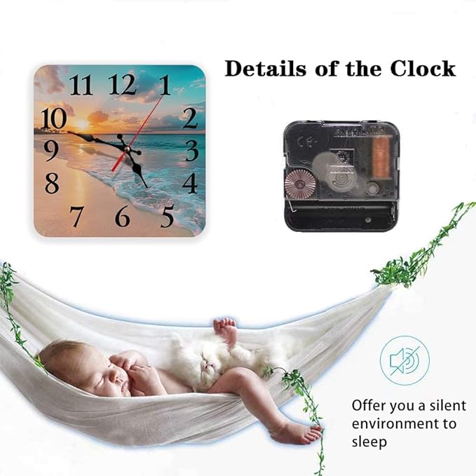 Britimes Wall Clock, Square Silent Non-Ticking Battery Operated Clock 12 Inch, Sea Beach Blue Sky Sand Home Decor for Living Room, Bathroom, Bedroom, Kitchen, Office and School