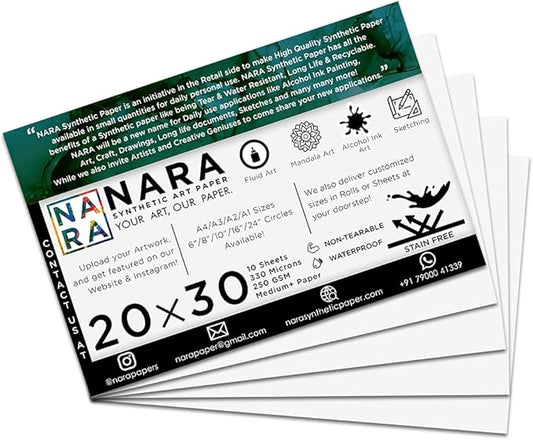 NARA Alcohol Ink Paper | White | 20 inches x 30 inches (20”x30”) | 330 microns/250 GSM | Medium+ Paper | 10 Sheets | Paper for Alcohol Ink Art Painting | 100% Stain-Free