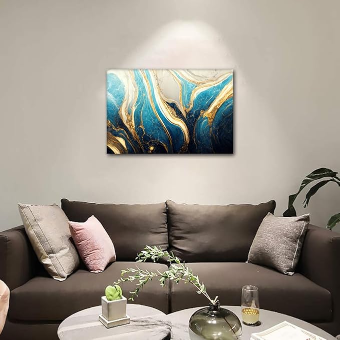 Canvas Wall Art for Men Modern Abstract Design Art Poster Turquoise Gold and White Colors Picture Printing 1 Panel House Wall Decor for Living Room Bedroom Decor Stretched Ready to Hang 24x16 in