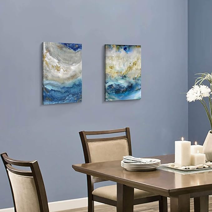 Hardy Gallery Blue Abstract Canvas Wall Art: Beige Print Picture Artwork for Bathroom without hand painted gold foils for Small Size(16'' x 12'' x 2 Panels)
