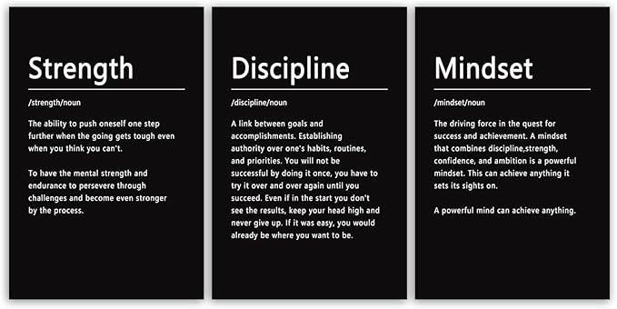 Inspirational Poster Strength Discipline Mindset Noun Motivational Wall Art 3 Pieces Canvas Prints Artwork for Living Room Modern Home Decor Painting Pictures Framed Ready to Hang[48''Wx 24''H]