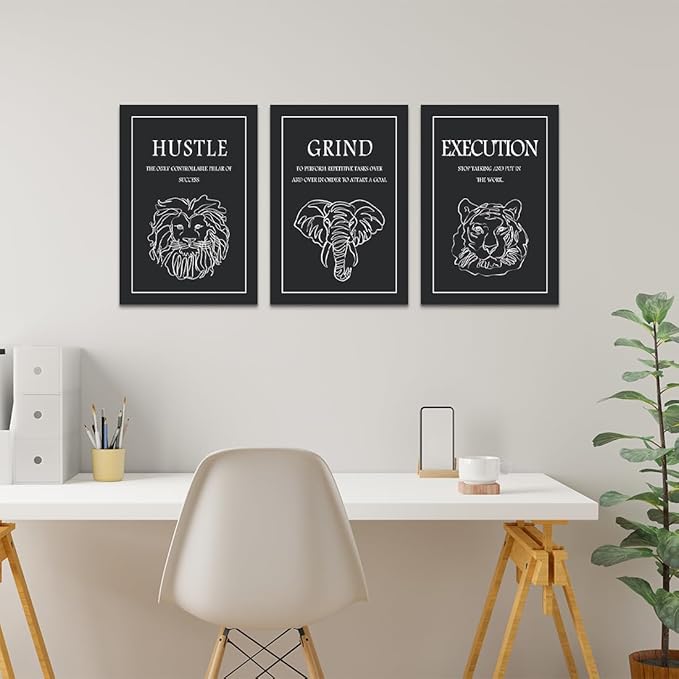 3 Piece Motivational Canvas Wall Art, Hustle Grind Execution Inspirational Wall Decor with Lion Elephant Tiger Line Art, Success Prints Poster for Office & Living Room Home, Framed 12"x16"x3