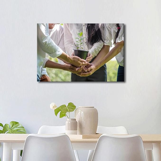 TUMOVO Wall Art For Office A Group Of People Holding Potted Plants In The Park Teamwork Concept Pictures 1 Panel Inspirational Wall Art Positive Modern Decor Poster Canvas Print (16" Wx24 H)