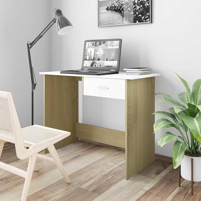 White & Sonoma Oak Engineered Wood Desk, 39.4" Writing Computer Desk with Drawer, Modern Home Office Work Table, Study Furniture