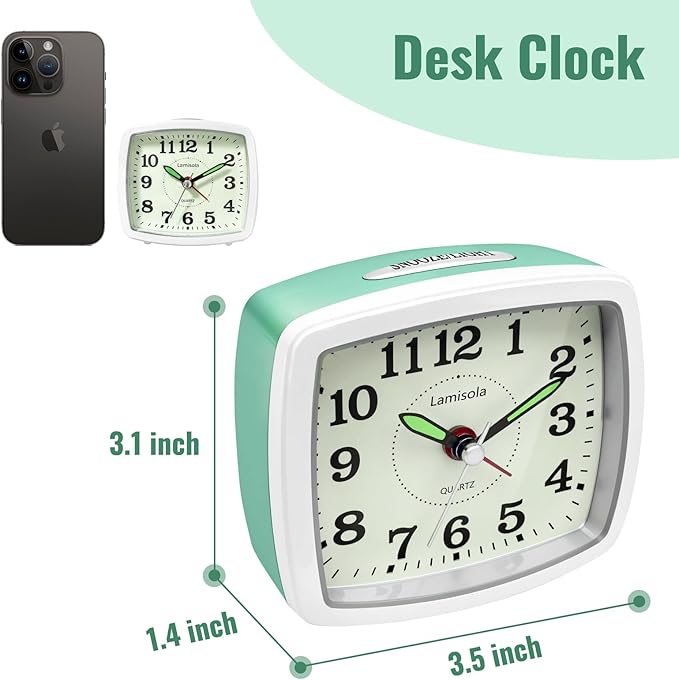 Battery Analog Travel Alarm Clock, Small Clock for Bedroom, Desk Table Shelf Clocks for Room Office Bathroom Vanity, Aesthetic Retro Clocks for Kids Teen Seniors, Mint