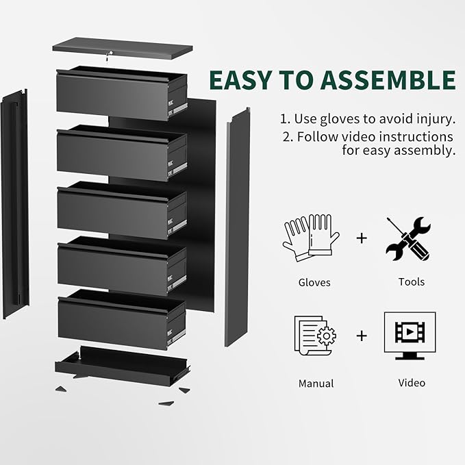 5 Drawer Lateral File Cabinet with Lock, Horizontal Metal File Cabinets for Home Office, Heavy Duty Large Filing Storage Cabinet, Steel Wide File Cabinet for Legal/A4/F4, Require Assembly-Black
