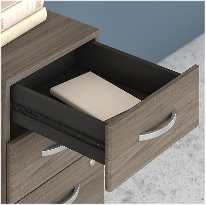 Bush Business Furniture Arrive 60W x 72D L Shaped Reception Desk with Shelf in Storm Gray