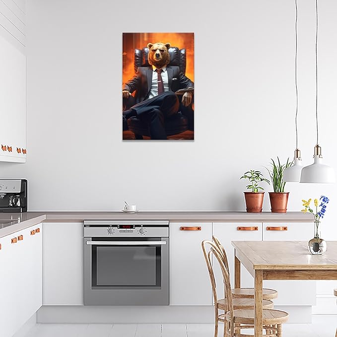 Trendy Suit Animal Bear Portrait Wall Art Funny Boss Bear Canvas Posters Work Struggle Motivation Inspiring Prints Painting For Office Living Room Wall Decor 12x16in Framed