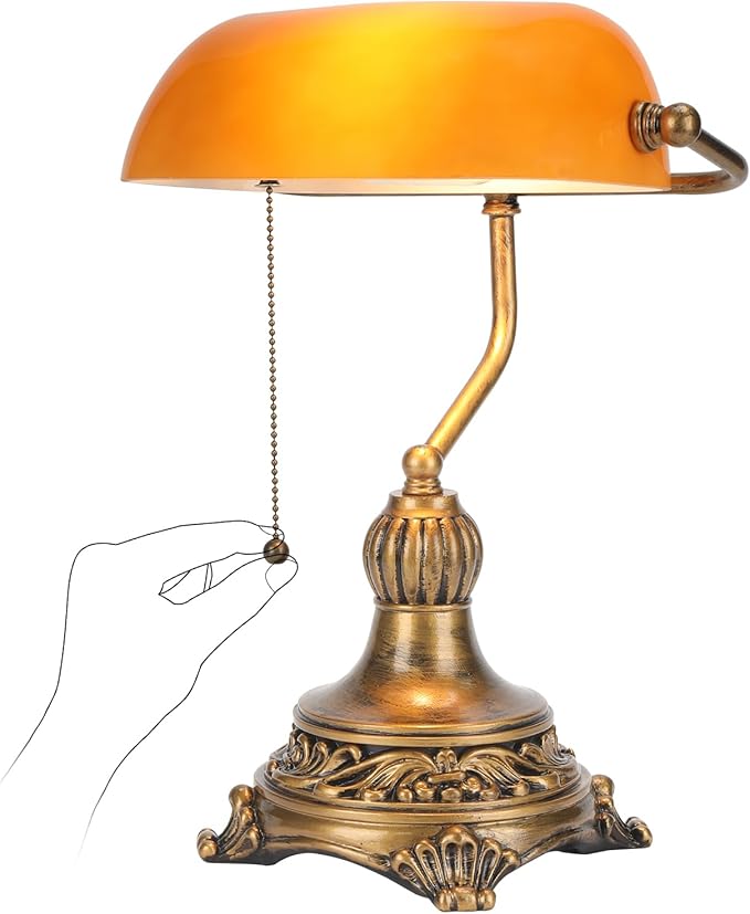 NISSAFORS Bankers Lamp with Pull Switch, Amber Glass Desk Lamp with Retro Black/Gold Finish, Vintage Table Lamps for Living Room, Library, Piano(Amber)