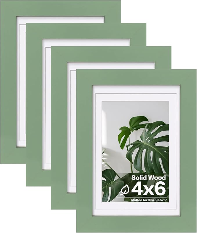 Egofine 4x6 Picture Frames 4PCS Covered by Plexiglass for Picture 3x4.5 and 3.5x5 with Mat or 4x6 whitout Mat Made of Solid Wood for Table Top Display and Wall Mounting Photo Frame, Green