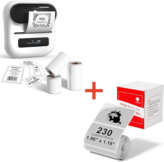 Phomemo M220 Label Maker White & 1 Roll Transparent Thermal Label 1.96"x1.18"(50x30mm), Upgrade 3 Inch Barcode Portable Printer, for Office & Small Business, Compatible with Phones&PC