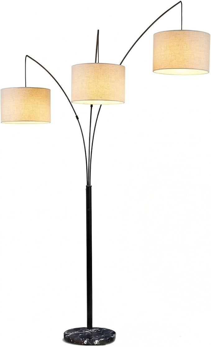 Brightech Trilage Arc Floor Lamp - Large Standing Lamp with 3 Fabric Shades & LED Bulbs for Living Room Over the Sofa, Reading, Multi-Head Traditional Tree Floor Lamp for Bedroom - Black