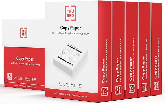 TRU RED Copy Paper, 8.5" x 11" Sheet Size, 92 Brightness, 20 lbs., Smooth Finish White Paper (500 Sheets/Ream)