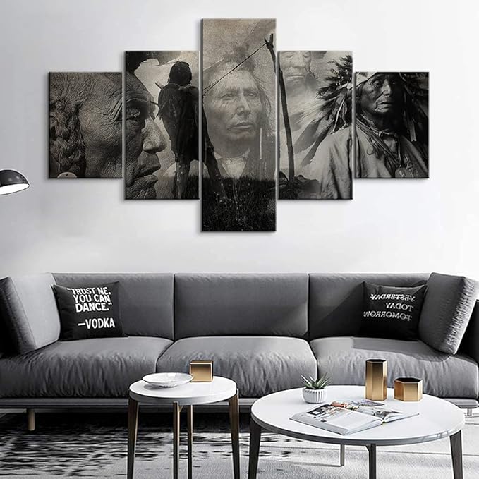5 Native American Art Posters - Chiefs Indian Art Framed Ready to Hang for Bedroom Decor (70''W x 40''H)