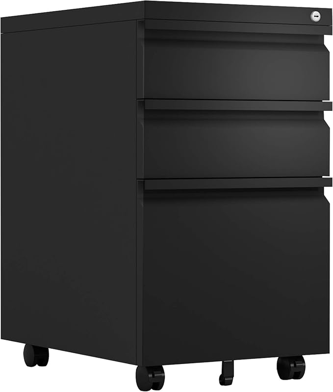 Anwick 3 Drawer Mobile File Cabinet with Lock, Under Desk Metal Filing Cabinet for Legal/Letter/A4 File, Fully Assembled Except Wheels (Black)