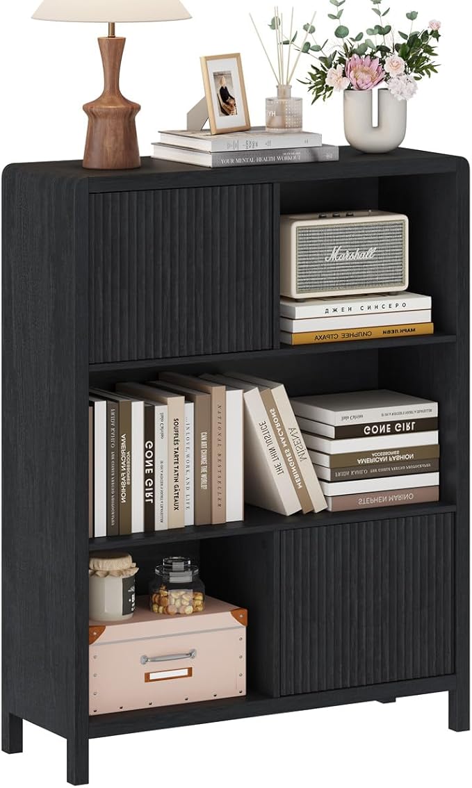 FATORRI Small Bookshelf with Storage, Wooden Cube Bookcase with Doors, Cube Storage Organizer for Home Office, Bedrooom, Living Room (Black)