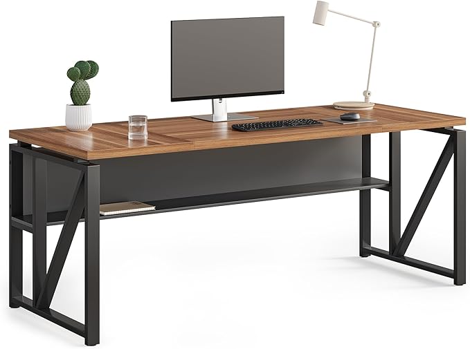 LITTLE TREE 63-Inch Executive Office Desk, Large Computer Desk with Storage Shelf, Executive Desk with Metal Frame, Study Writing Desk Work Station for Home Office, Brown + Black