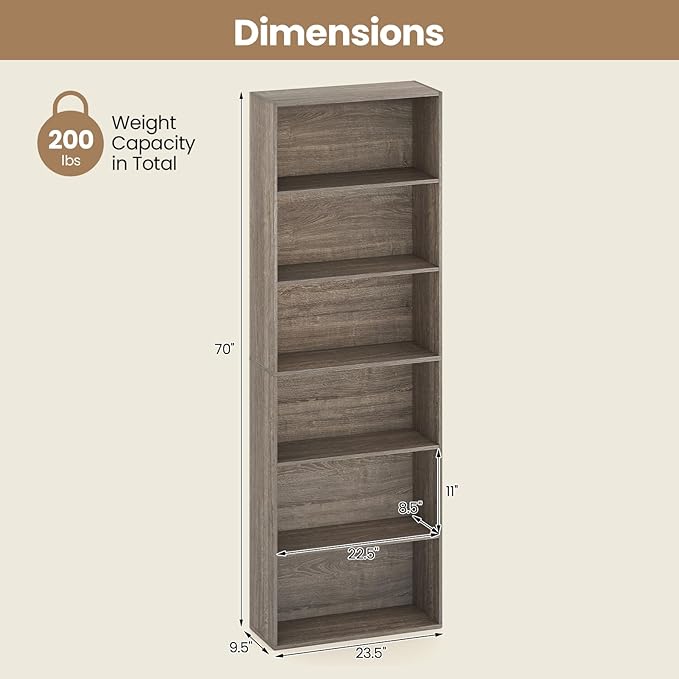 Giantex 6-Tier Bookcase, 70" Tall Wooden Bookshelf, Freestanding Storage Organizer w/Open Shelves, Anti-Tipping Kits, Modern Floor Standing Display Shelves for Living Room, Bedroom,Grey