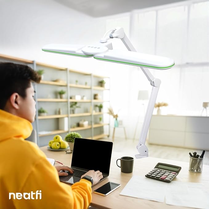 Neatfi Elite HD XL LED Desk Lamp | 3 Light Modes | Non-Polar Dimming | Eye-Caring Desk Light for Home Office, Drafting, Beauty Shop, Workbench (Green Ring, CCT with Clamp)