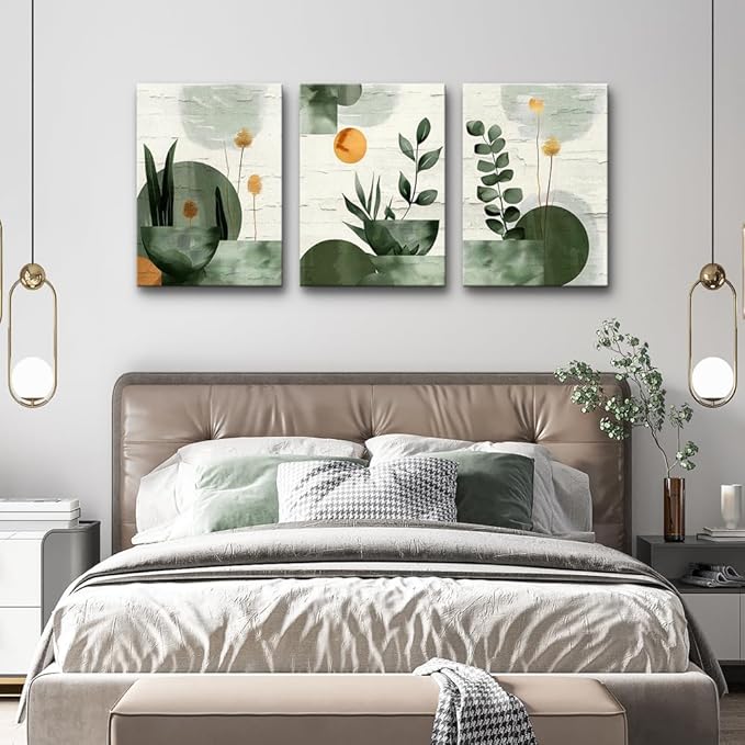 TTHYUEWS Large Wall Decor For Living Room Bedroom Wall Art Decor Boho Canvas Wall Art Prints Geometry Plant Pictures Abstract Paintings Office Artwork Modern Home Decoration 3 Piece Ready To Hang