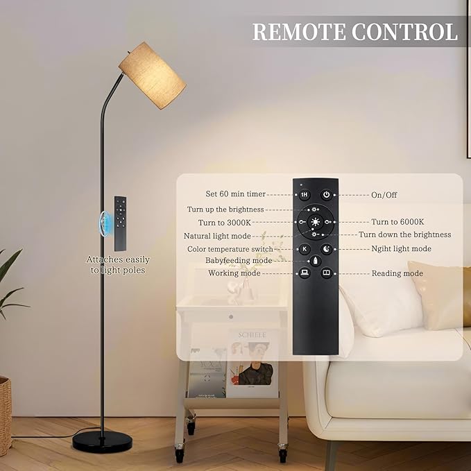Black Floor Lamp for Living Room with Remote,Dimmable Floor Lamp with Remote Control 9W LED Bulb Included,Tall Stand Reading Lamp for Bedroom, Office, Kids Room, Reading, Working(Beige/Black)