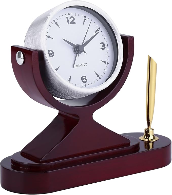 Wooden Desk Alarm Clock Battery Operated, Silent Non-Ticking, Adjustable Angle & Pencil Holder | Office, Shelf, Table Decor | Gift for Students, Teachers, Professionals (Home, Desk, Work)