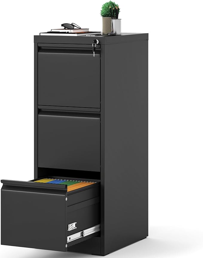 AQY 3 Drawer File Cabinet with Lock, Metal Filing Cabinets for Home Office, 18" Deep Vertical Storage Drawer for Hanging A4/Letter/Legal Size Files, Assembly Require