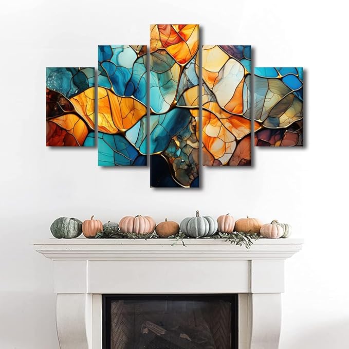 Abstract Canvas Wall Art Decor Modern Living Room Wall Art 5 Panel Home Canvas Art Blue Yellow Brown Glass Window Poster Printing for Men Living Room Decor Stretched Ready to Hang 60x40 in