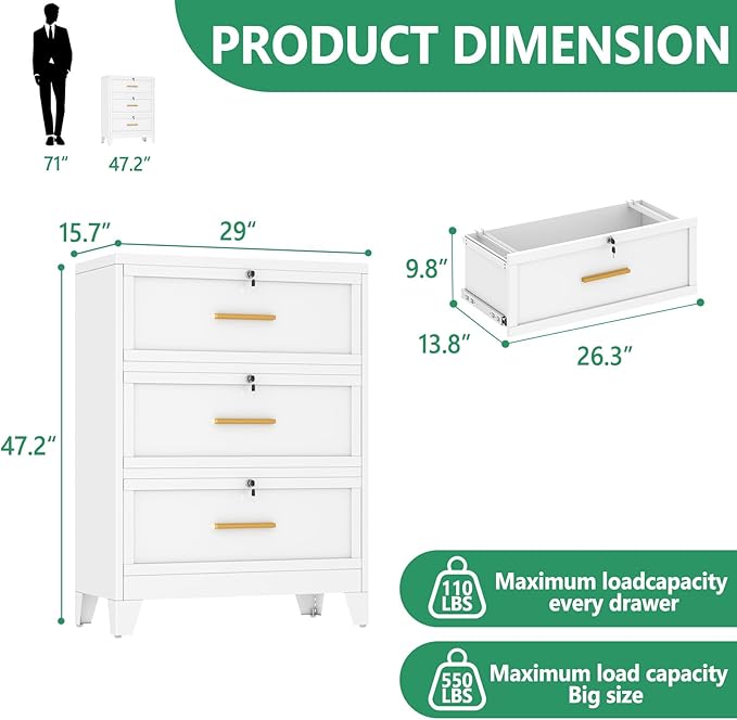 Metal Lateral File Cabinet with Lock,3 Drawer Steel Wide Filing Organization Storage Cabinets,Filing Cabinet for Legal/Letter/A4/F4 Size with Hanging Files&Key,Lockable Cabinets for Home Office,White