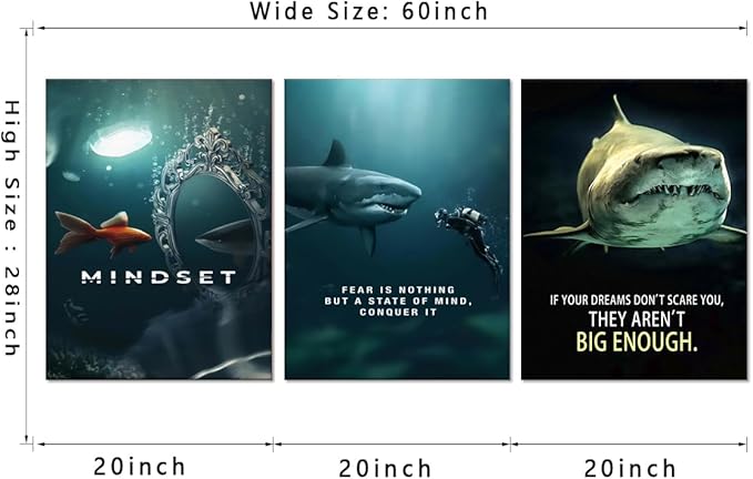 Motivational Wall Art - Framed Shark Poster Inspirational Canvas Prints Positive Quotes Wall Decor for Home, Office & Bedroom Living Room (20" x 28"x 3 Panel)