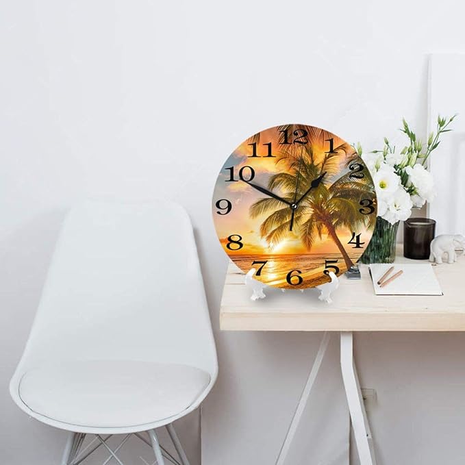 Palm Tree and Sea Beach Wall Clock Battery Operated Silent Round Clock Sunset Landscape Wall Decor for Home, Office, School 9.8 Inch
