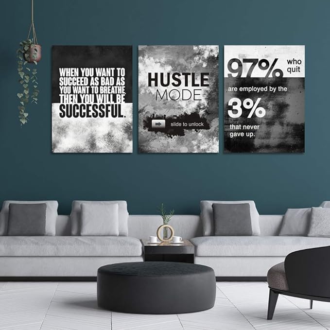 Motivational Office Wall Decor, Inspirational Canvas Wall Art, 3 Pieces Hustle Posters Prints Entrepreneur Success Quote Wall Decor for Lobby Meeting Room Hallway Living Room(72”Wx36”H)