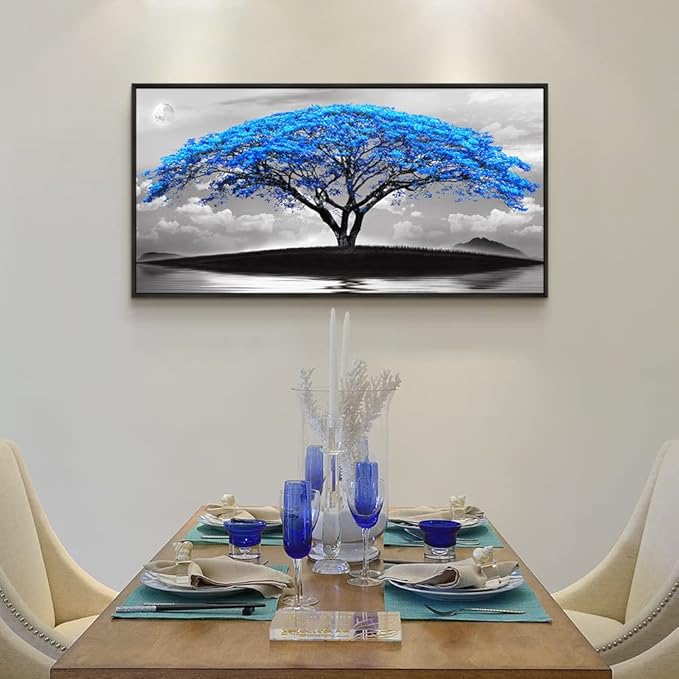 Framed Canvas Wall Art For Office Large Size Living Room Wall Decor Bedroom Decor Pictures Artwork Black And White Landscape Blue Tree Moon Wall Painting Home Decorations Black Frame 24" X 48"