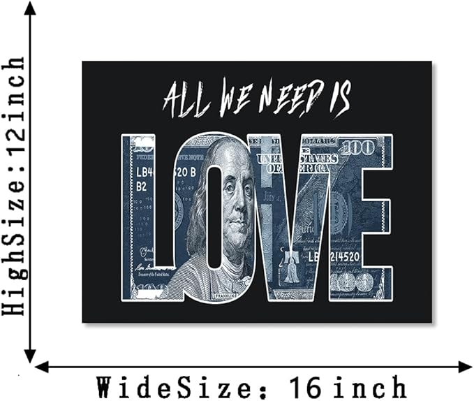 Money Wall Art All We Need Is Love (Money) Posters Abstract Dollar Inspirational Canvas Print Artwork Suitable for Office Living Room Decor Ready to Hang 12X16inch