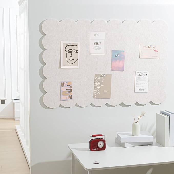 Scalloped Felt Bulletin Board 60 x 36 Inches Foldable Beige Pin Cork Board Alternative for Wall, 5' x 3' Trifold Picture Vision Self Adhesive Bulletin Decorative