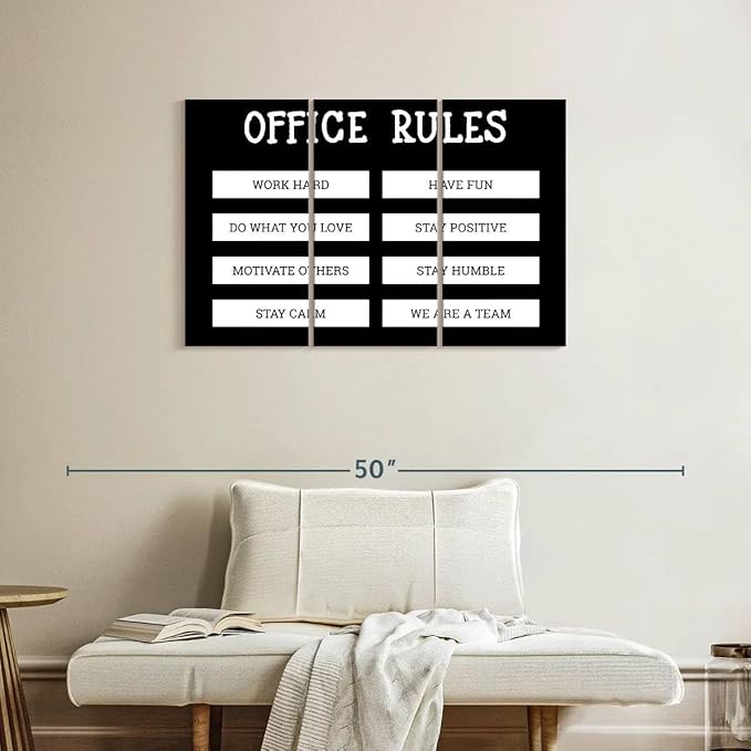 Elephant Stock - Office Rules Wall Art - Horizontal Multi Panel Canvas - 3 Piece Home Office Wall Decor - Digital Art Motivational Typography Multi Piece Wall Art - Black And White Decor by Cad Designs - 38" x 24"