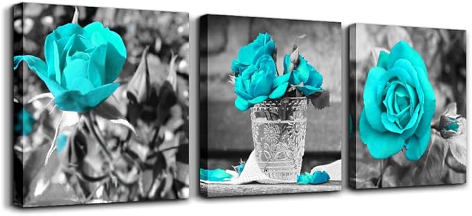 wall art for living room Black and white rose flowers Blue Big Canvas Prints Wall Decor Artwork 24" x 24" 3 Pieces Framed Watercolor Giclee with Black Border Ready to Hang for bedroom Home Decoration