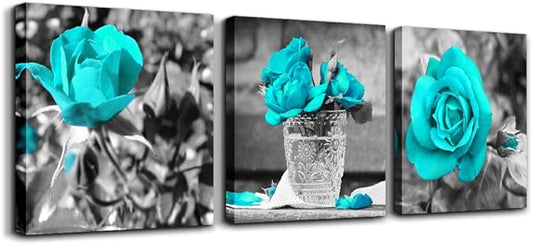 wall art for living room Black and white rose flowers Blue Big Canvas Prints Wall Decor Artwork 24" x 24" 3 Pieces Framed Watercolor Giclee with Black Border Ready to Hang for bedroom Home Decoration