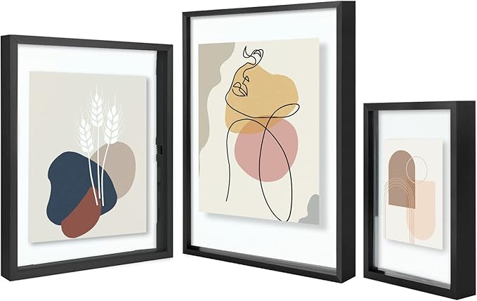 Golden State Art Black Floating Frame for One 14x11, Two 8x10, Four 5x7 Pictures, Clear Glass, Wall Decoration, 7 Pieces