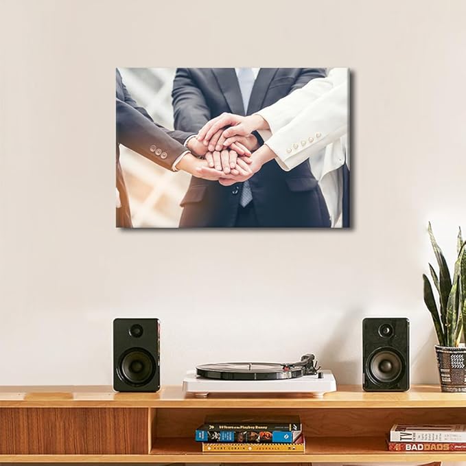 1 Panel Canvas Wall Art Business Teamwork Concept Pictures Modern Decor Stacked Hands Gesture Poster Canvas Print Frame Ready To Hang (12"Wx18"H)