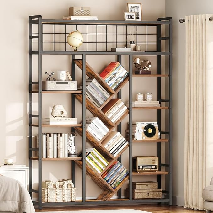 Triple 7-Tier Bookshelf, Industrial Large Bookcase with 20 Open Display Shelves, Modern Tree Bookcase with Metal Frame and Hanging Function for Living Room, Home Office, Rustic Brown and Black