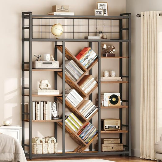 Triple 7-Tier Bookshelf, Industrial Large Bookcase with 20 Open Display Shelves, Modern Tree Bookcase with Metal Frame and Hanging Function for Living Room, Home Office, Rustic Brown and Black