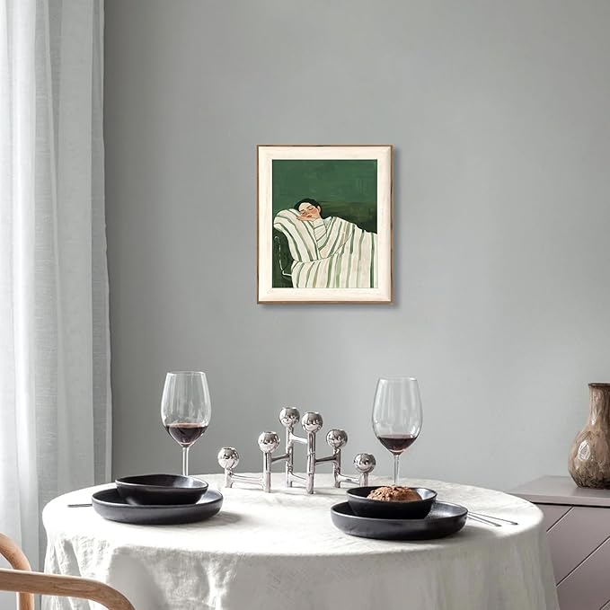 ASTRDECOR Minimalist Framed Wall Art - Cozy Woman Sleeping on Couch, Emerald Green & White Striped Blanket, Modern Aesthetic Bedroom or Living Room Décor, Eclectic Canvas Art Prints for Apartment 10x12Inch